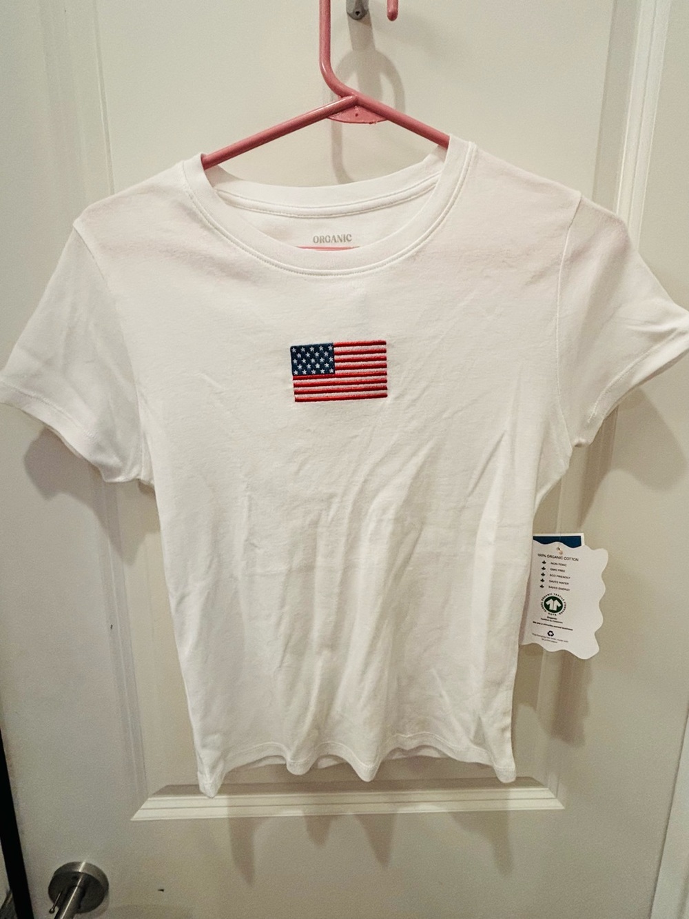 NWT Organic Collective White Tee with American Flag Patch-M